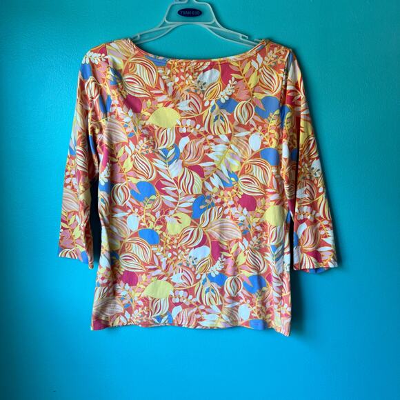 Talbots Women T Shirt Small Cotton Bateau Neck Tee Multi Color Flower 3/4 Sleeve - Picture 5 of 8